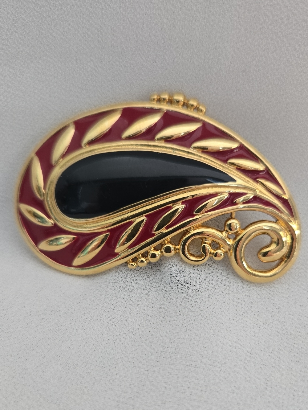 Vintage Monet 22K Gold Plated Enamel Paisley Brooch in Red & Black 1980s